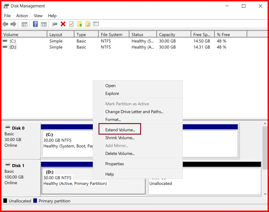 Picture showing the Extend Volume option for increasing the size of the volume